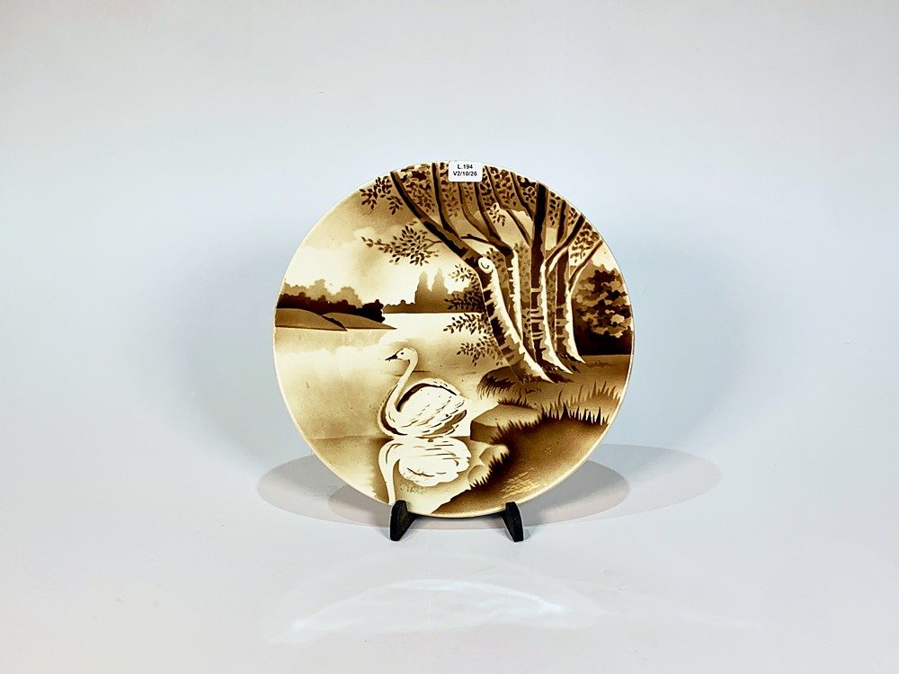 Plato Decorativo Cerámica Paisaje Laguna Cisne Blanco y Marrón 27 cm Diámetro