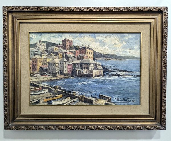 Pintura al óleo "Puerto con Casas" de Manuel Raúl Deliotti, 1989 - imagen 1