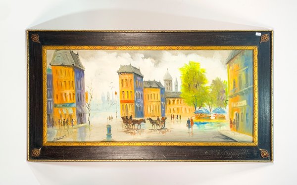 Lote siguiente: Pintura óleo sobre tela de calle de París y carruaje firmada por Dautier