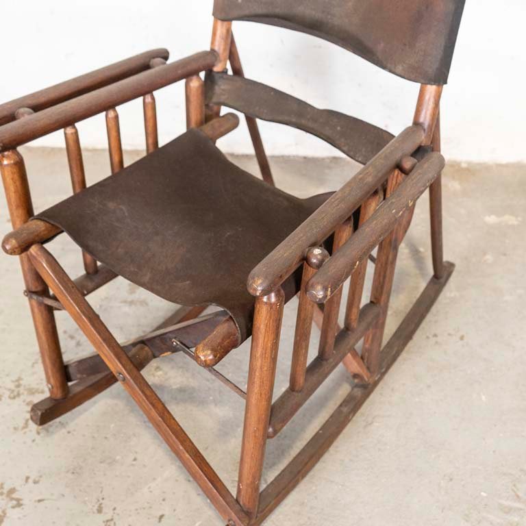 Sillón mecedora plegable de madera y cuero para restaurar - imagen 2