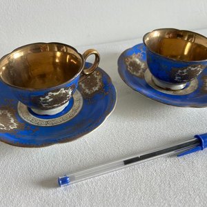 Juego de 2 Tazas y Platos de Café Porcelana Bavaria Azul y Dorado - imagen 2