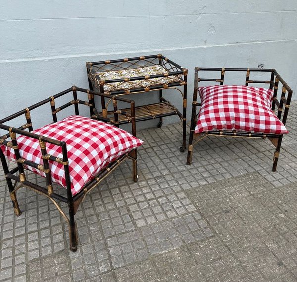 Juego de Patio Ratan: Mesa con Azulejos y 2 Sillones con Almohadones - imagen 1