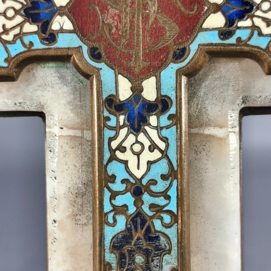 Crucifijo francés en bronce y esmalte sobre placa de mármol - imagen 5