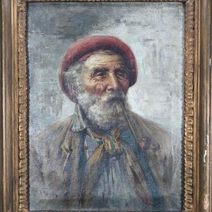 Óleo sobre lienzo firmado Raffaele Frigerio, retrato de hombre con boina y pipa - imagen 3