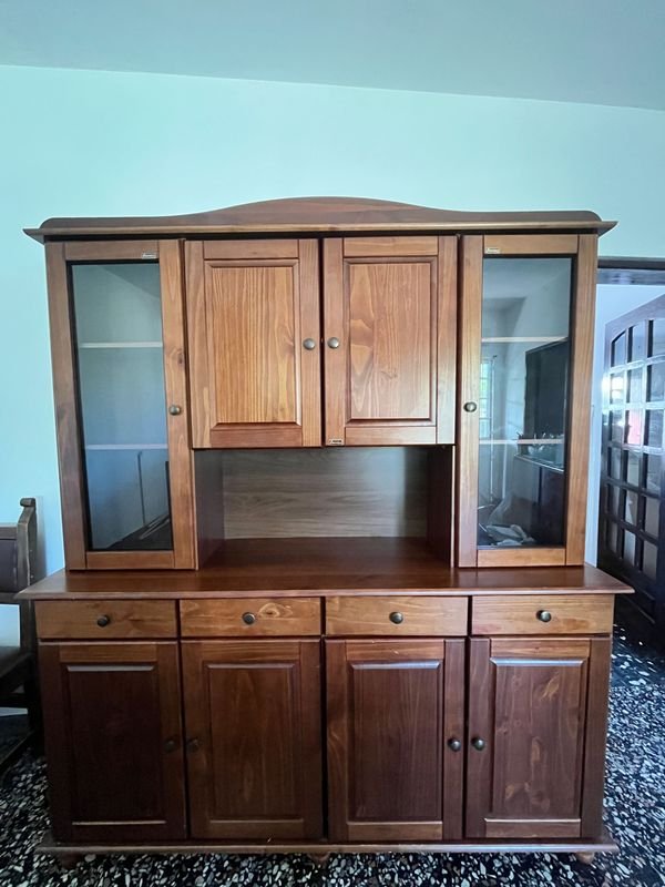 Aparador con Alzada de Madera Oscura, 8 Puertas y 4 Cajones
