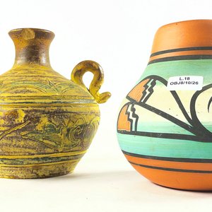 Dos piezas en cerámica, multicolor de 14 cm  y beige asas laterales de 15 cm (cascado) - imagen 3