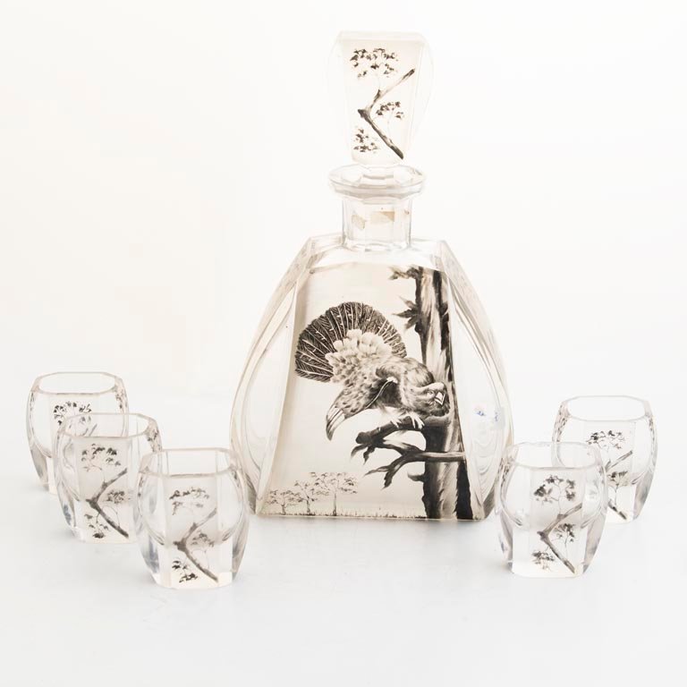 Juego de Licor Art Decó Botellón y 5 Vasos con Diseño de Árboles y Aves