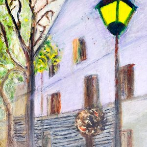 Cuadro al óleo "Casa, árboles y farol" firmado por Nilda Poppolo - imagen 2