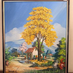 Cuadro de Paisaje con Árbol Amarillo y Marco de Madera - imagen 2