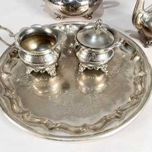Juego de Té y Café EPNS: Tetera, Cafetera, Azucarero, Lechera y Bandeja - imagen 2