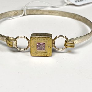 Pulsera Rígida de Plata con Piedra Rosa y Detalle BVLGARI - imagen 3