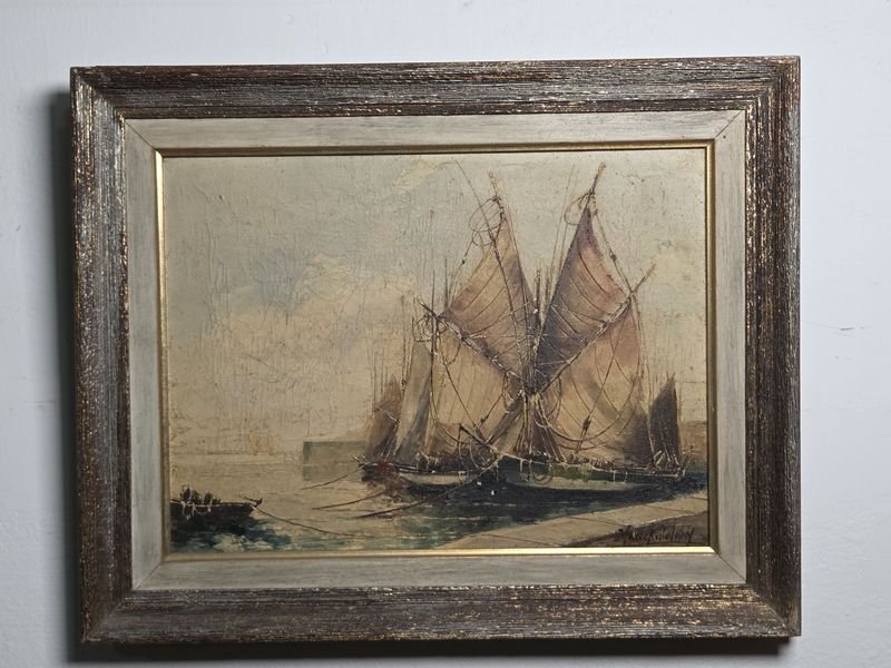 Antiguo Óleo de Barcos Marineros Firmado por Marcel Kalefstein