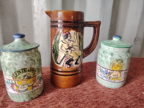 Jarra y Dos Tarros de Cerámica con Dibujos - imagen 1