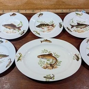 Fuente Oval y 5 Platos de Cerámica con Diseño de Peces - imagen 3