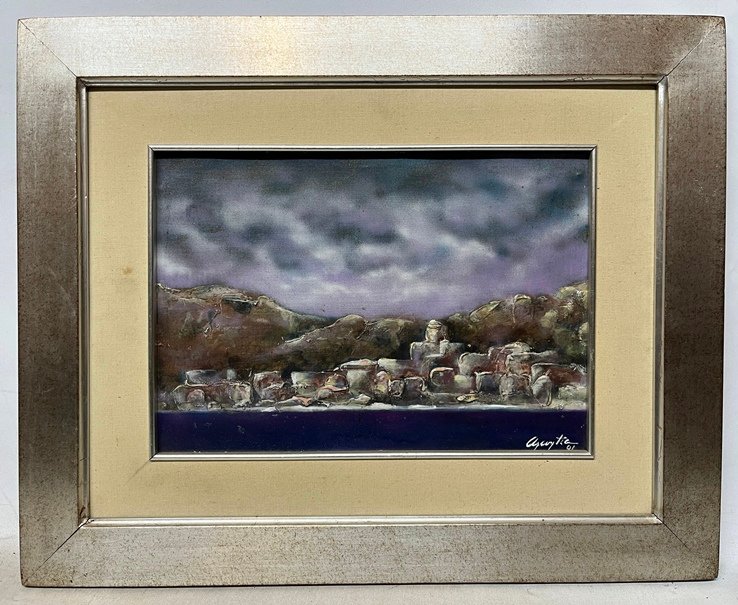 Pintura de paisaje costero con ciudad en el fondo