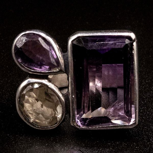 Anillo de Plata 950 con Amatista Bicolor y Cuarzo Cristal