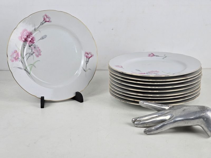 10 Platos de Porcelana Japonesa Tono Hin con Claveles Rosados y Bordes Dorados