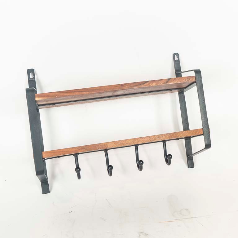Repisa Rústica de Madera y Metal con 6 Perchas