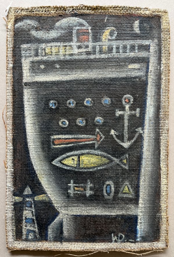 Oleo "Barco" de Walter Deliotti sobre tela pegada en fibra, 37 x 25 cm