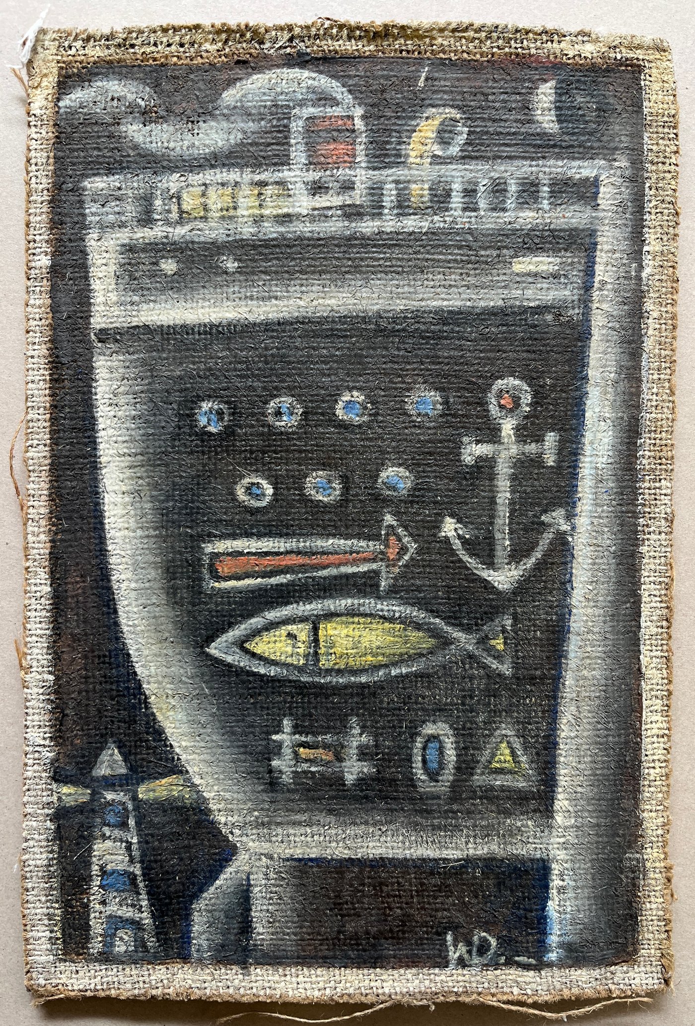 Oleo "Barco" de Walter Deliotti sobre tela pegada en fibra, 37 x 25 cm