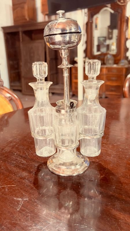 VINTAGE ESPECIERO CRUET SET CON TIMBRE FUNCIONAL PLATEADO - imagen 2