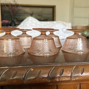 Copas de Postre Vintage Vidrio Rosa Grabado Flores (Set de 5) - imagen 2