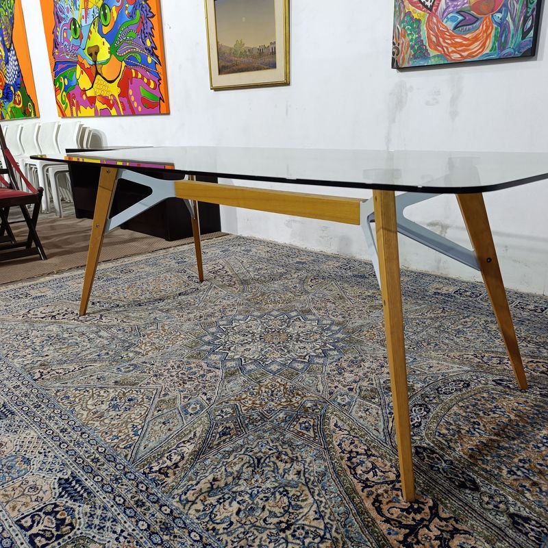 Mesa Rectangular con Tapa de Vidrio Templado y Base de Madera