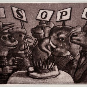 Lote siguiente: Grabado "El camello, el elefante y el mono" de Luis Alberto Solari (155/200)