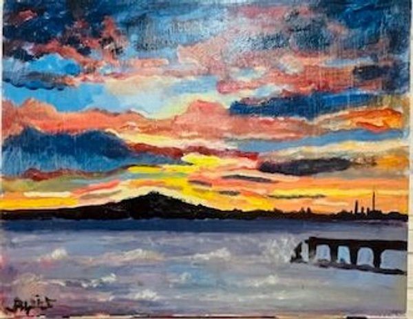 Pintura Oleo sobre fibra Bahía de Montevideo firmada - imagen 1