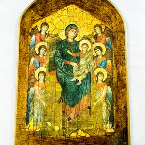 Dos Cuadros: Virgen con Niños y Ángeles y Velero en Paisaje Marino - imagen 2
