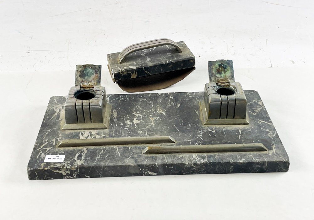 Tintero Art Decó de Metal y Mármol con Secante