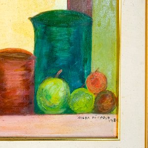 Cuadro Óleo "Naturaleza Muerta" de Nilda Poppolo, Jarrones y Frutas, Marco Dorado - imagen 2