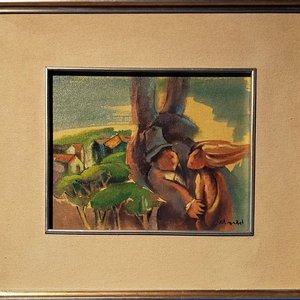 Lote siguiente: Óleo sobre Fibra "Pareja bajo el árbol" Atribuido a Castellano 50x40 cm