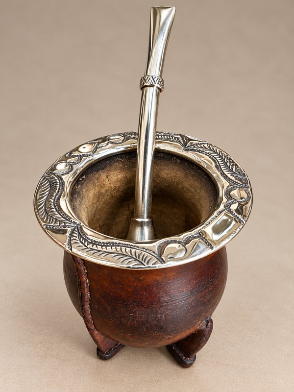 Mate de Cuero con Virola de Alpaca y Bombilla de Plata Sellada - imagen 1