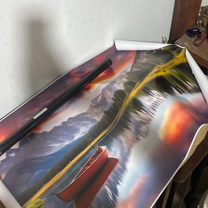Lote anterior: Pintura de Paisaje con Canoa Roja y Montañas