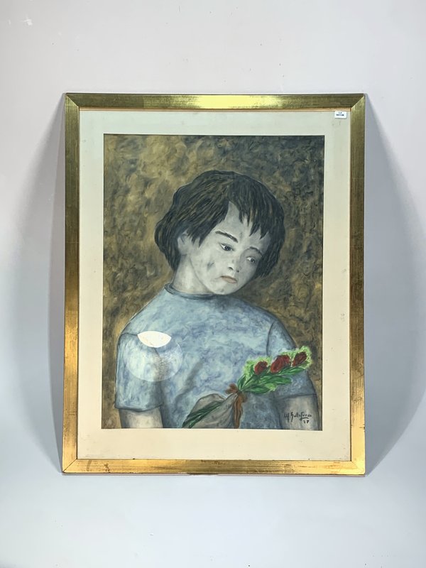 Cuadro al pastel: Retrato de niño con flores, firmado - imagen 1