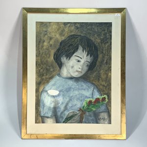 Lote anterior: Cuadro al pastel: Retrato de niño con flores, firmado