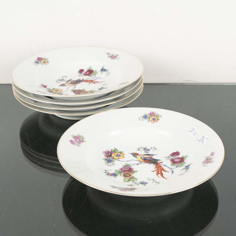 5 platos de porcelana alemana con decoración floral y aves - Medidas: 25cm