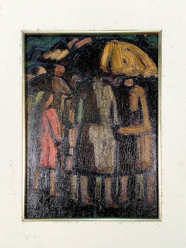 Pintura óleo sobre fibra de mujeres con paraguas firmada por E. Acevedo - imagen 2