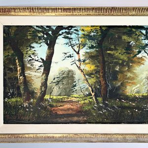 Lote anterior: Cuadro al óleo: Paisaje campestre con camino y árboles, firmado