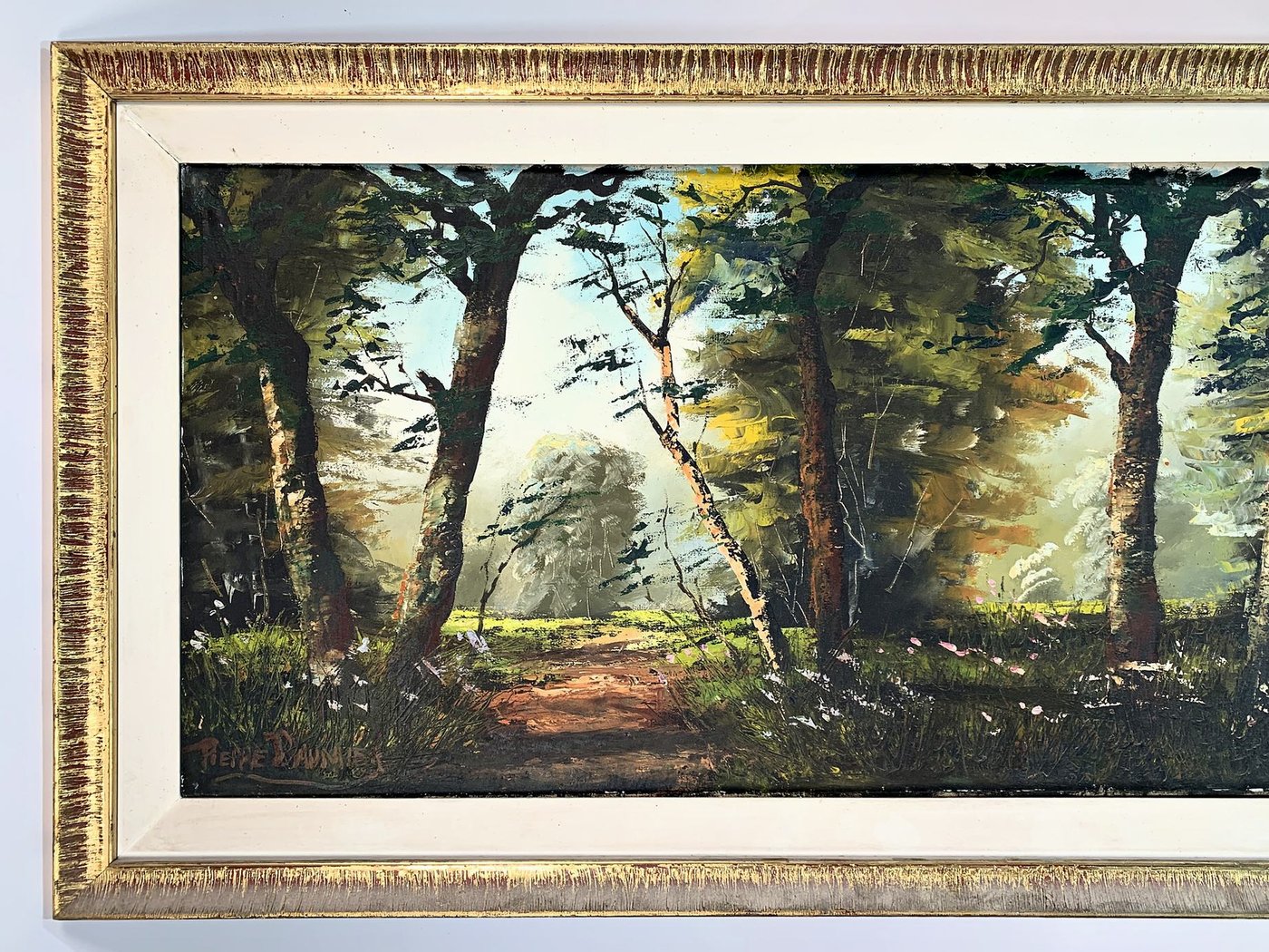 Cuadro al óleo: Paisaje campestre con camino y árboles, firmado