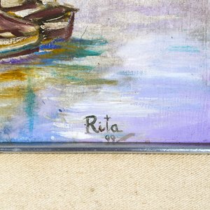 Cuadro al óleo sobre fibra "Barcazas en el Muelle" firmado Rita - imagen 3