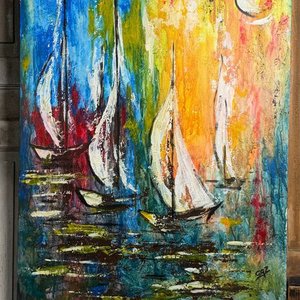 Pintura "Velero" al Óleo sobre Fibra por Carmen García Zorrilla de San Martín (75x55cm) - imagen 1