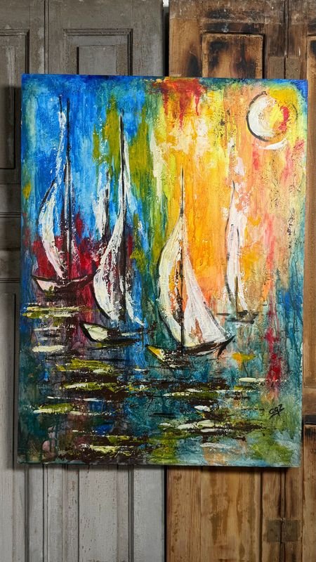 Pintura "Velero" al Óleo sobre Fibra por Carmen García Zorrilla de San Martín (75x55cm)
