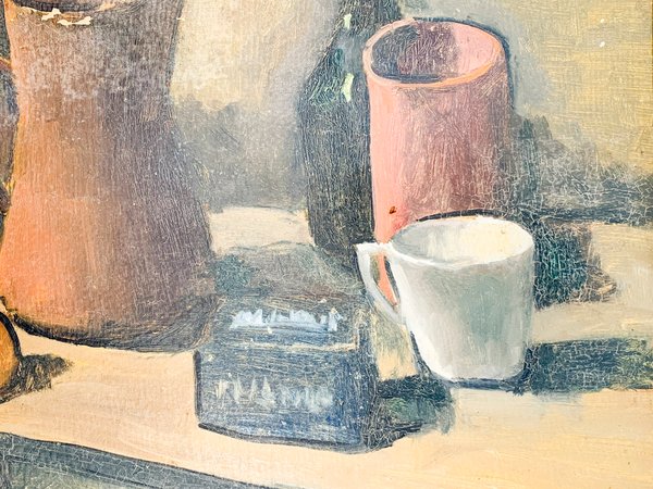 Pintura óleo sobre fibra con tema de jarras y botella - imagen 3