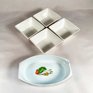 Conjunto 5 Piezas: 4 Bowls Cuadrados Blancos y 1 Ensaladera "Pyrex" con Dibujo de Vegetales - imagen 1