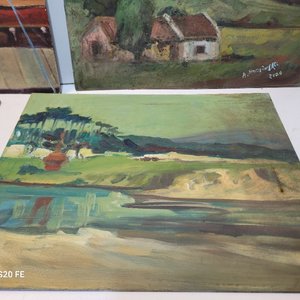 Lote de 4 Cuadros al Óleo sobre Lienzo: Astillero, Paisaje Rural y Marinas - imagen 6