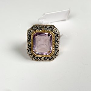Anillo Antiguo Oro y Plata con Piedra Violeta Tallada - imagen 3