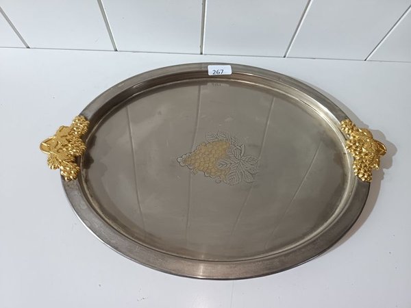 Bandeja Ovalada de Metal con Asas Doradas y Diseño de Uvas - imagen 1