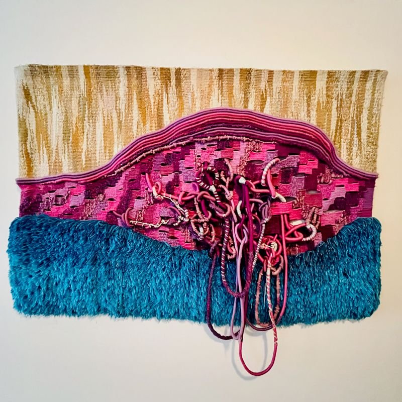 Tapiz Decorativo Hecho a Mano Técnica Mixta Turquesa, Beige y Lila